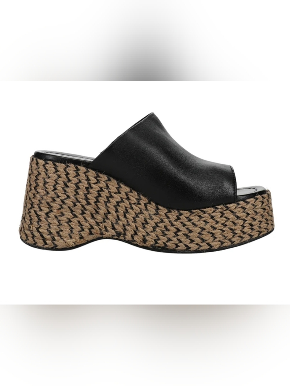 Seychelles Tulip Black Leather Braided Raffia Platform Wedge Mules Size 7.5